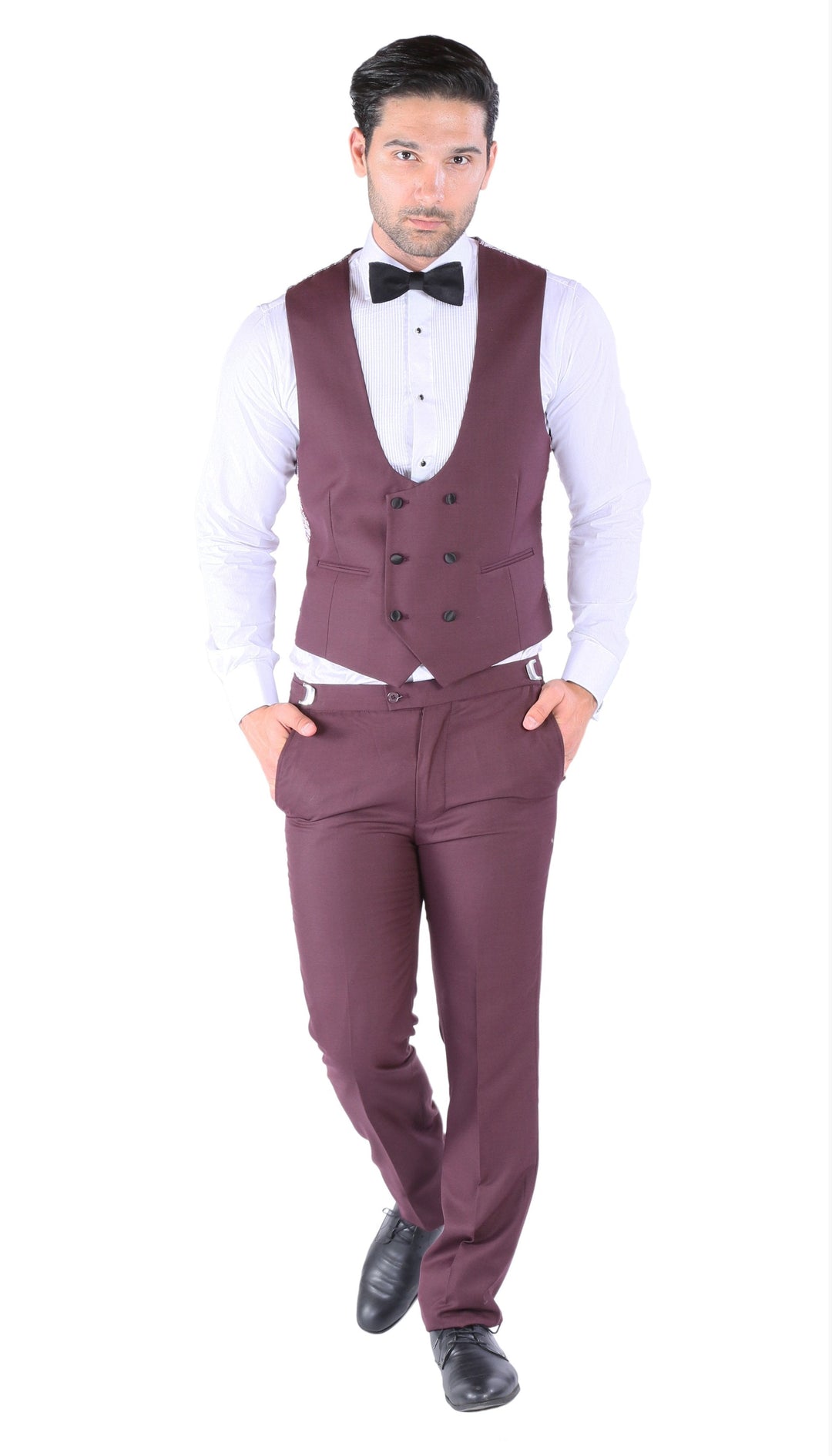 Luna 3pc Slim Fit Bugundy Peak Lapel Tuxedo - FHYINC best men&