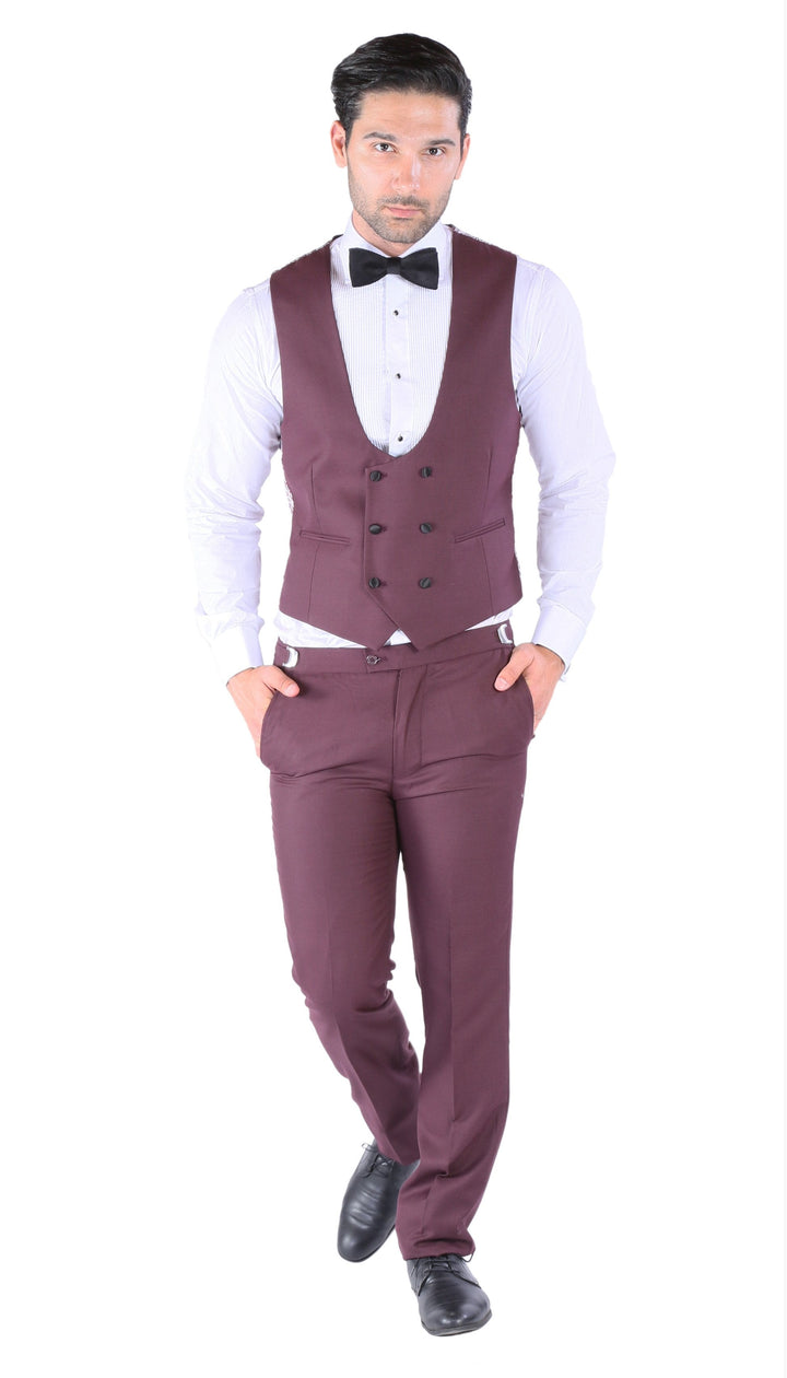Luna 3pc Slim Fit Bugundy Peak Lapel Tuxedo - FHYINC best men&