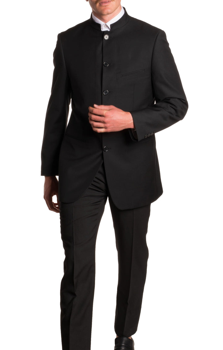 Mandarin Collar Suit - 2 Piece - Black - FHYINC best men&