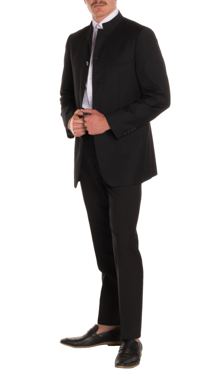 Mandarin Collar Suit - 2 Piece - Black - FHYINC best men&