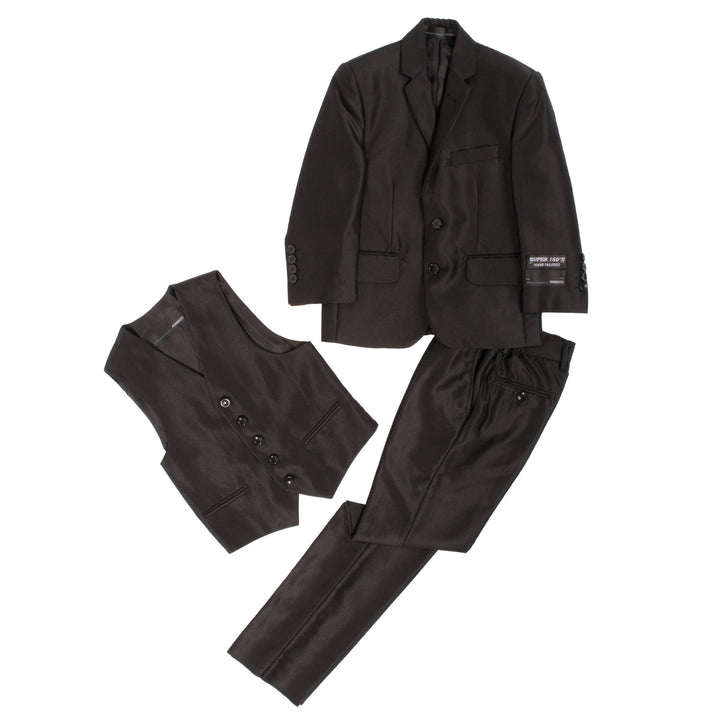 Boys Black Shiny Sharkskin Oxford 3pc Vested Suit - FHYINC best men&