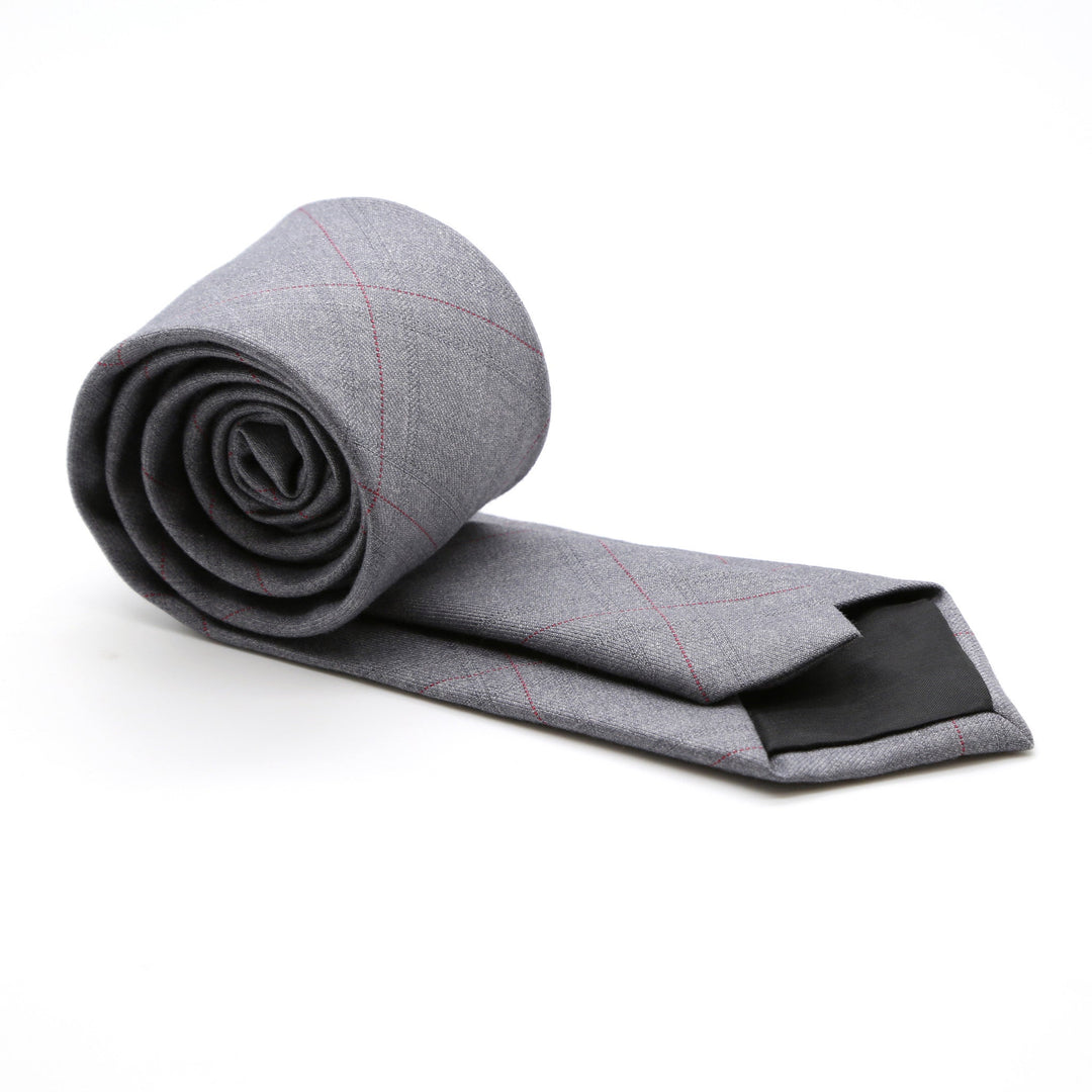 Slim Light Grey and Hint Of Red Plaid Neckties &amp; Handkerchief - FHYINC