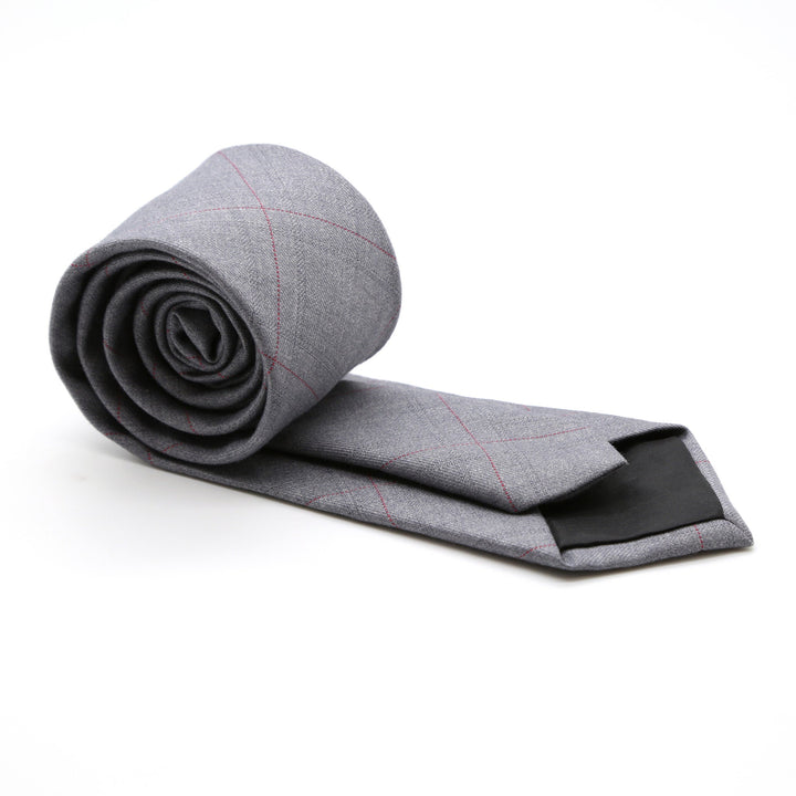 Slim Light Grey and Hint Of Red Plaid Neckties &amp; Handkerchief - FHYINC