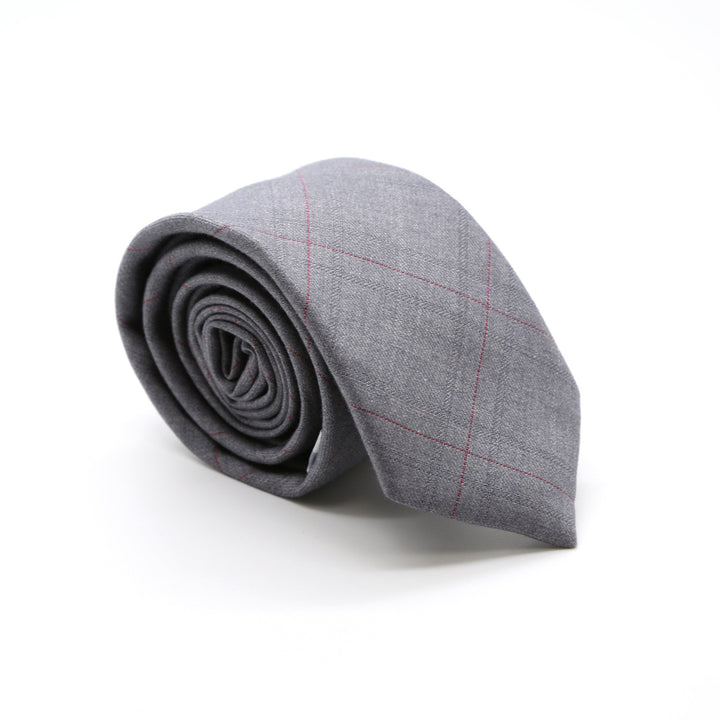 Slim Light Grey and Hint Of Red Plaid Neckties &amp; Handkerchief - FHYINC