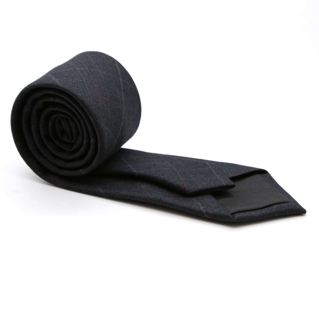Slim Charcoal With Hint Of Red &amp; Beige Plaid Neckties &amp; Handkerchief - FHYINC