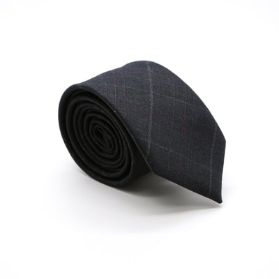 Slim Charcoal With Hint Of Red & Beige Plaid Neckties & Handkerchief - FHYINC