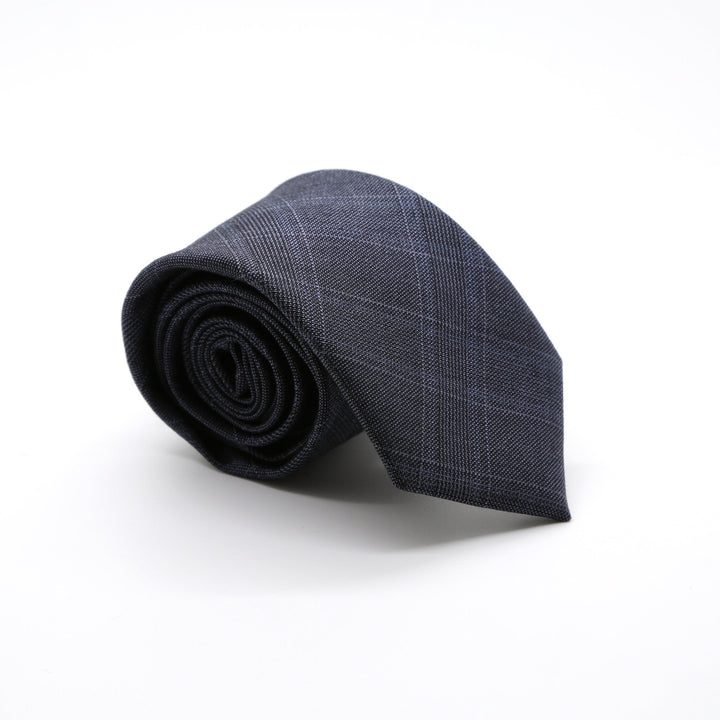 Slim Navy Blue Shiny Plaid Neckties &amp; Handkerchief - FHYINC