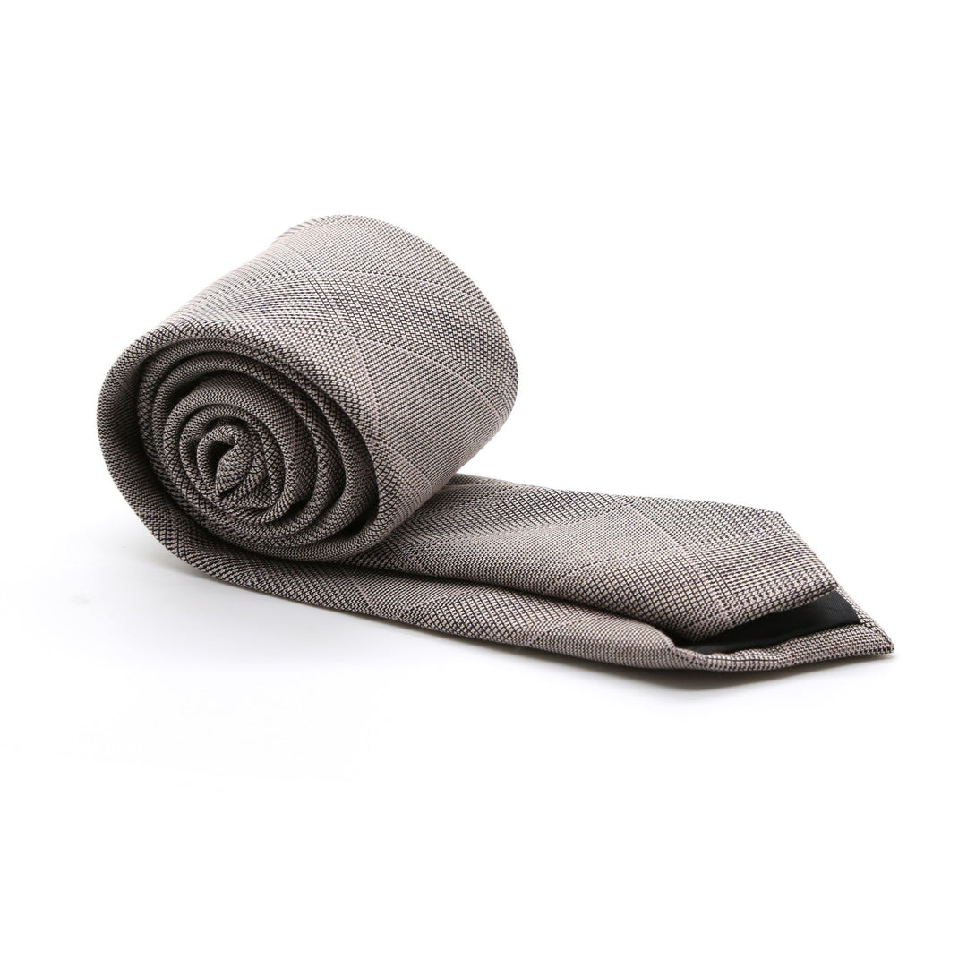 Slim Beige and Charcoal With Hint Of Lavender Plaid Neckties &amp; Handkerchief - FHYINC
