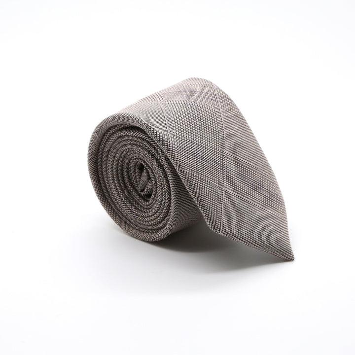 Slim Beige and Charcoal With Hint Of Lavender Plaid Neckties &amp; Handkerchief - FHYINC