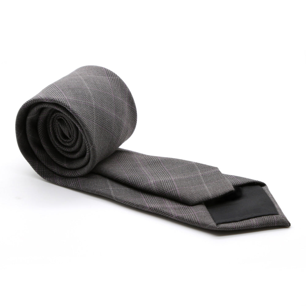 Slim Charcoal & Grey With Hint Of Lavender Plaid Neckties & Handkerchief - FHYINC