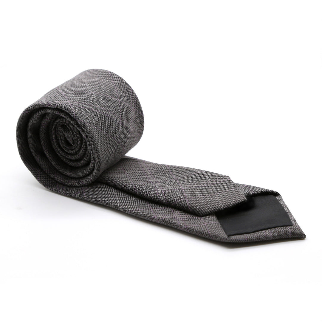 Slim Charcoal &amp; Grey With Hint Of Lavender Plaid Neckties &amp; Handkerchief - FHYINC