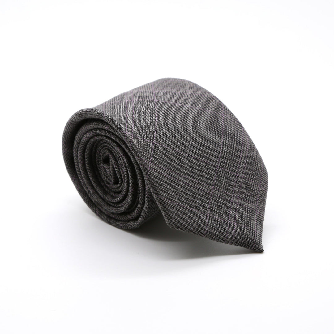 Slim Charcoal & Grey With Hint Of Lavender Plaid Neckties & Handkerchief - FHYINC