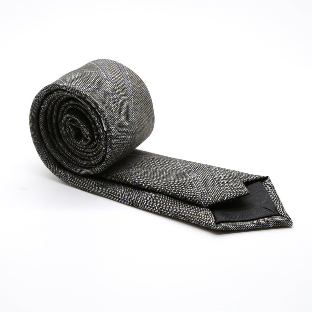 Slim Charcoal and Pink With Hint Of Sky Blue Plaid Neckties &amp; Handkerchief - FHYINC