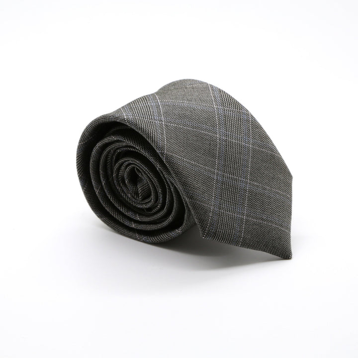 Slim Charcoal and Pink With Hint Of Sky Blue Plaid Neckties &amp; Handkerchief - FHYINC