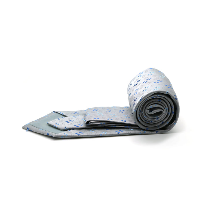 Ferrecci Mens Grey/Blue Geo Pattern Necktie with Handkerchief Set - FHYINC best men&