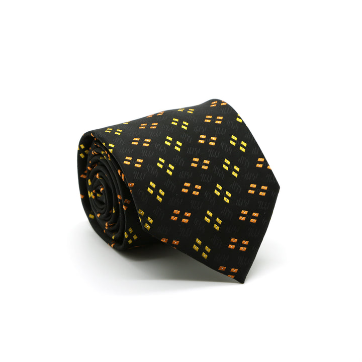 Ferrecci Mens Black/Yellow/Orange Geo Pattern Necktie with Handkerchief Set - FHYINC best men&