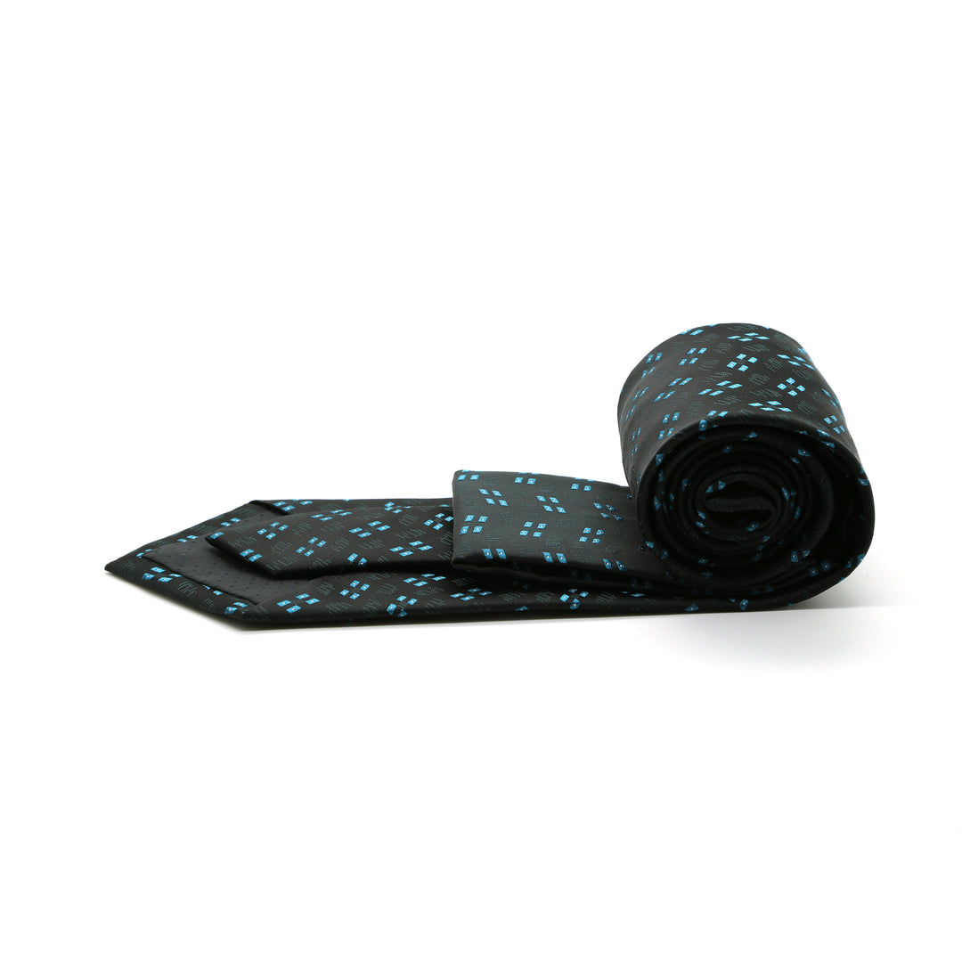 Ferrecci Mens Black/Turquoise Geo Pattern Necktie with Handkerchief Set - FHYINC best men&
