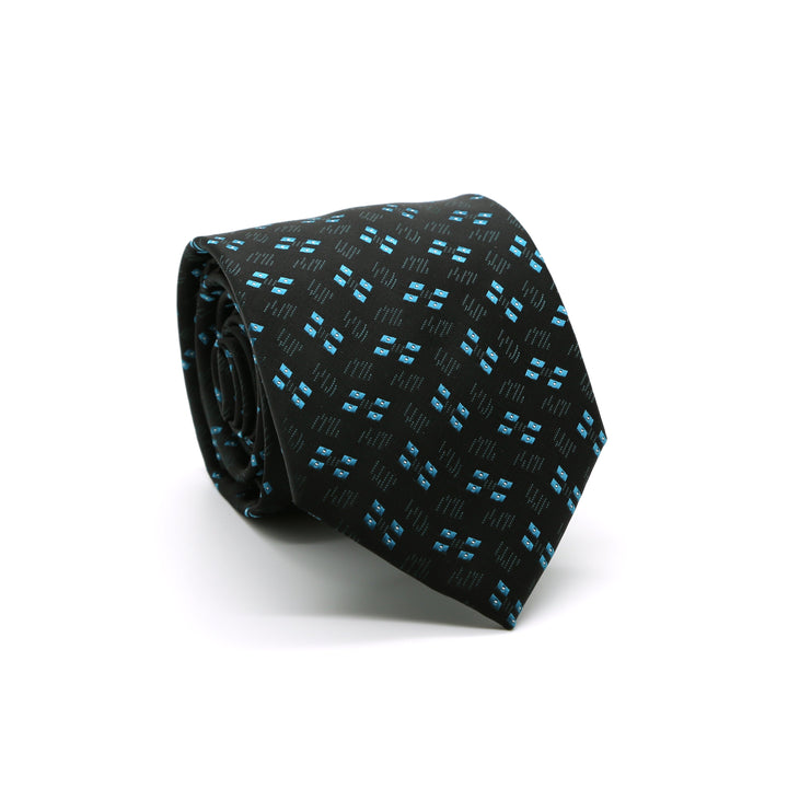 Ferrecci Mens Black/Turquoise Geo Pattern Necktie with Handkerchief Set - FHYINC best men&