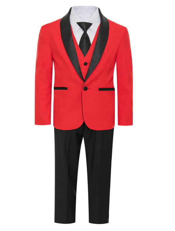 Ultimate Elegance: Boys Red/Black Shawl Collar Tuxedo for Dapper Occasions Red / 6 Ultimate Elegance: Boys Red/Black Shawl Collar Tuxedo for Dapper Occasions Red / 6