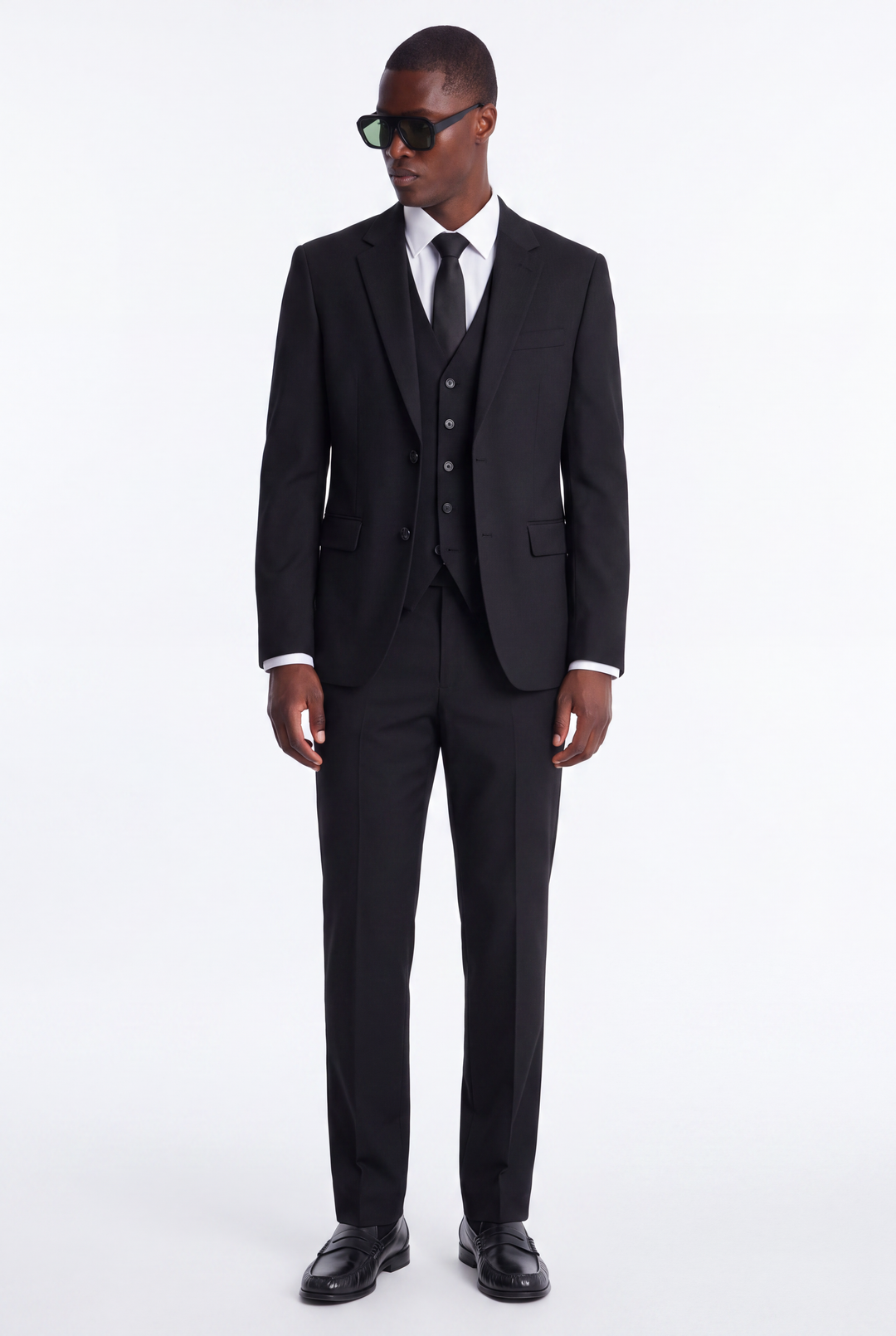 POLY RAYON BLACK 2 BUTTON NOTCH LAPEL PICK STITCHING 3 PC SLIM FIT SUIT