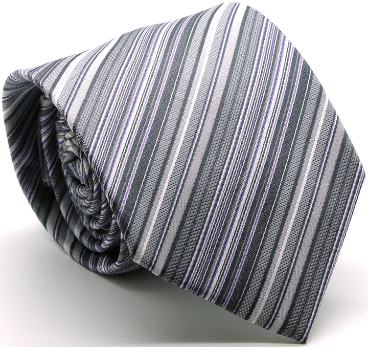 Mens Dads Classic Grey Striped Pattern Business Casual Necktie &amp; Hanky Set S-1