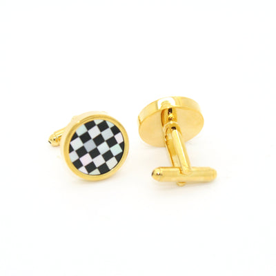 Goldtone Checker Shell Cuff Links With Jewelry Box - FHYINC