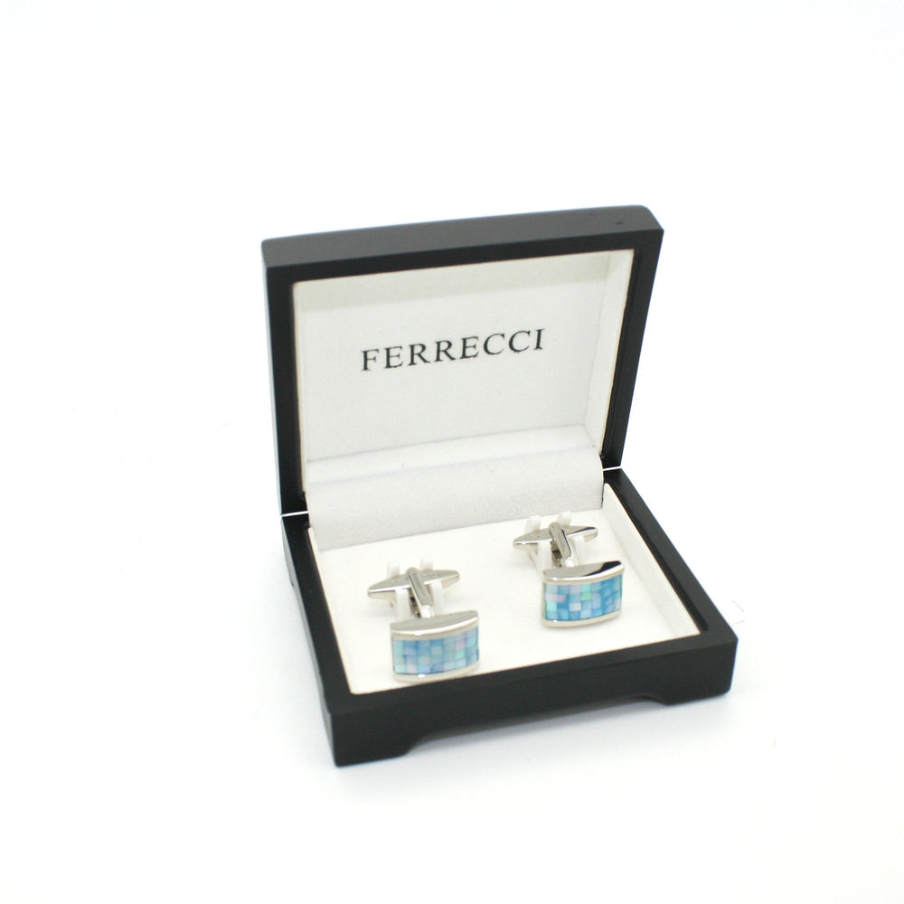 Silvertone Blue Shell Cuff Links With Jewelry Box - FHYINC