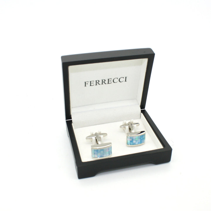 Silvertone Blue Shell Cuff Links With Jewelry Box - FHYINC
