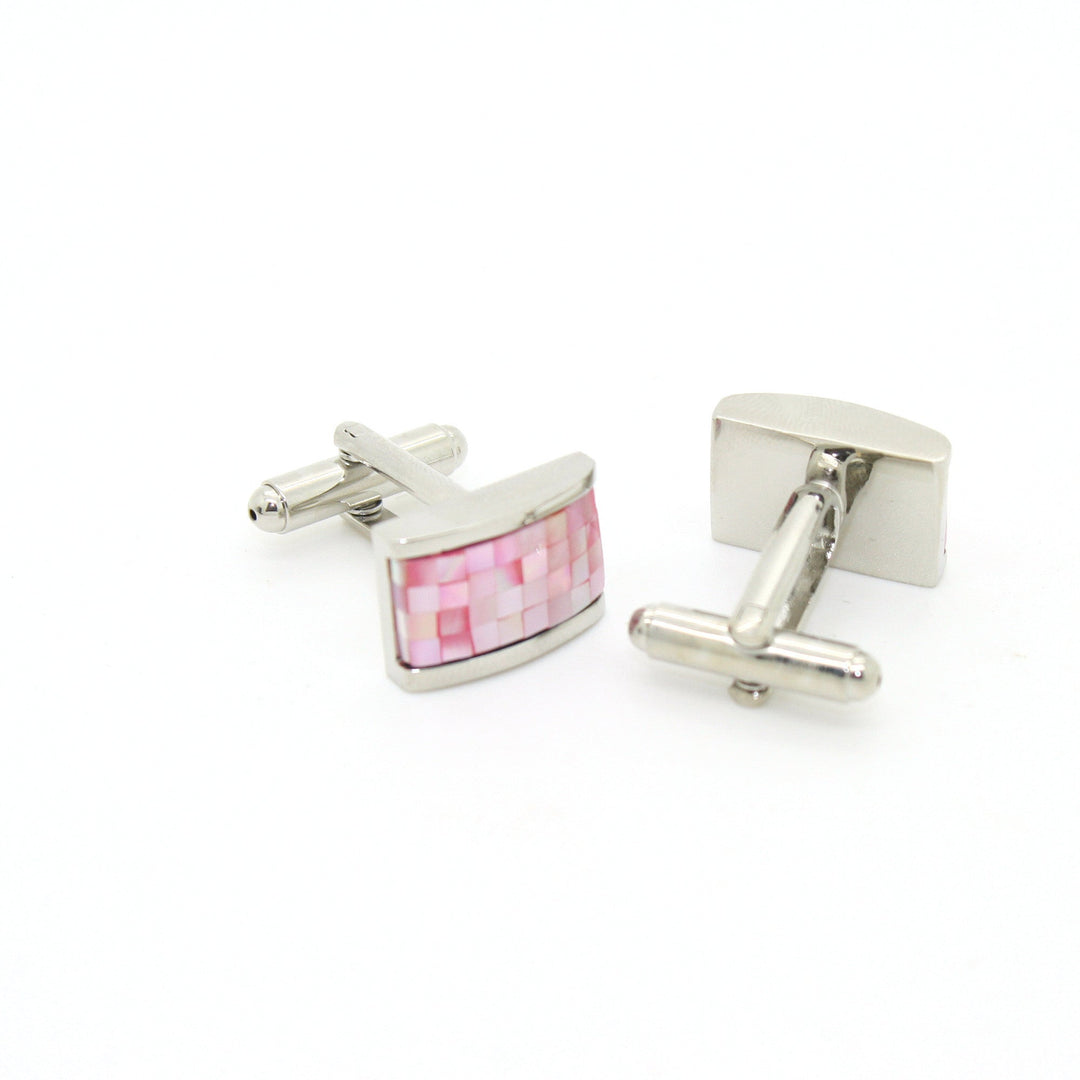 Silvertone Pink Rectangle Shell Cuff Links With Jewelry Box - FHYINC