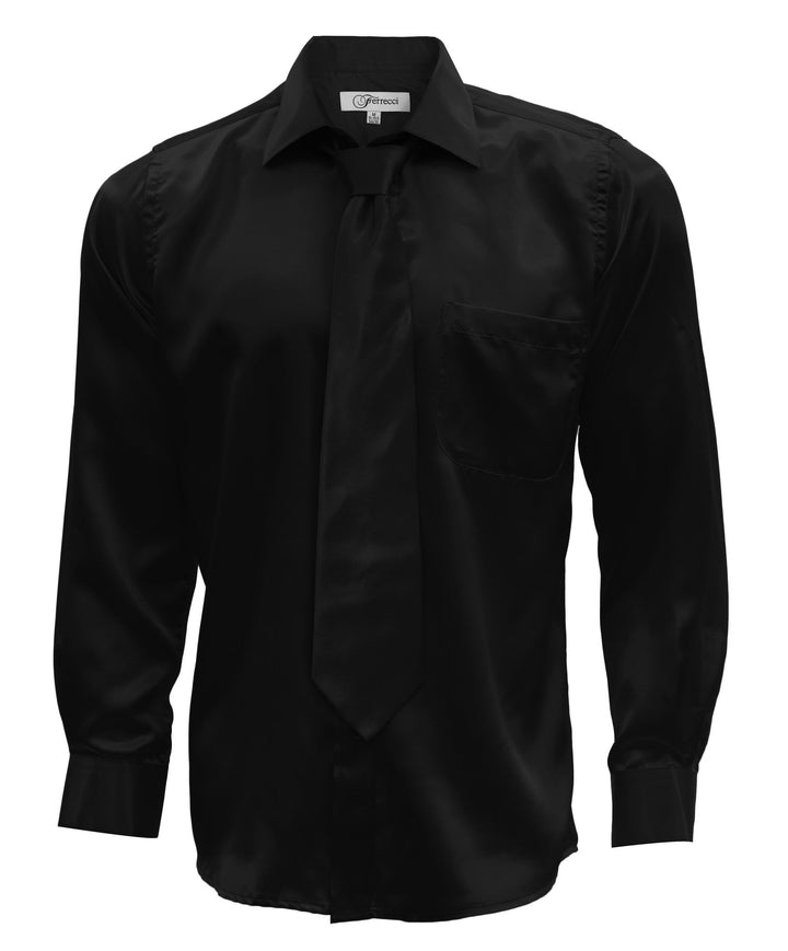 Black Satin Regular Fit French Cuff Dress Shirt, Tie &amp; Hanky Set - FHYINC best men&