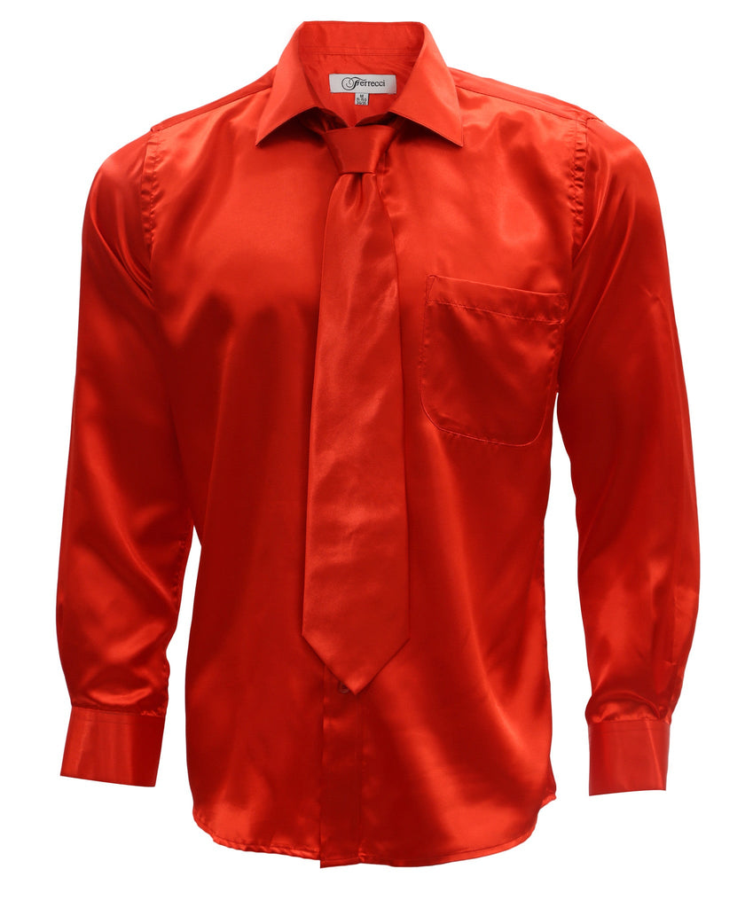 Burnt Red Satin Regular Fit French Cuff Dress Shirt, Tie & Hanky Set