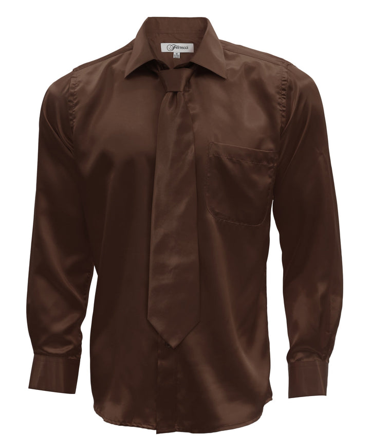 Brown Satin Regular Fit Dress Shirt, Tie &amp; Hanky Set - FHYINC best men&
