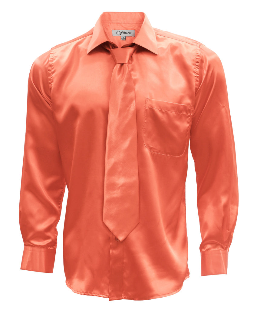 Coral Satin Regular Fit Dress Shirt, Tie & Hanky Set 14.5 Small 32-33 Sleeve Coral Satin Regular Fit Dress Shirt, Tie & Hanky Set 14.5 Small 32-33 Sleeve