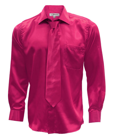 Fuchsia Satin Regular Fit Dress Shirt, Tie & Hanky Set - FHYINC best men's suits, tuxedos, formal men's wear wholesale