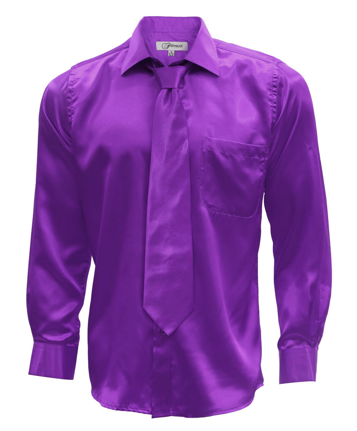 Purple Satin Regular Fit Dress Shirt, Tie &amp; Hanky Set - FHYINC best men&