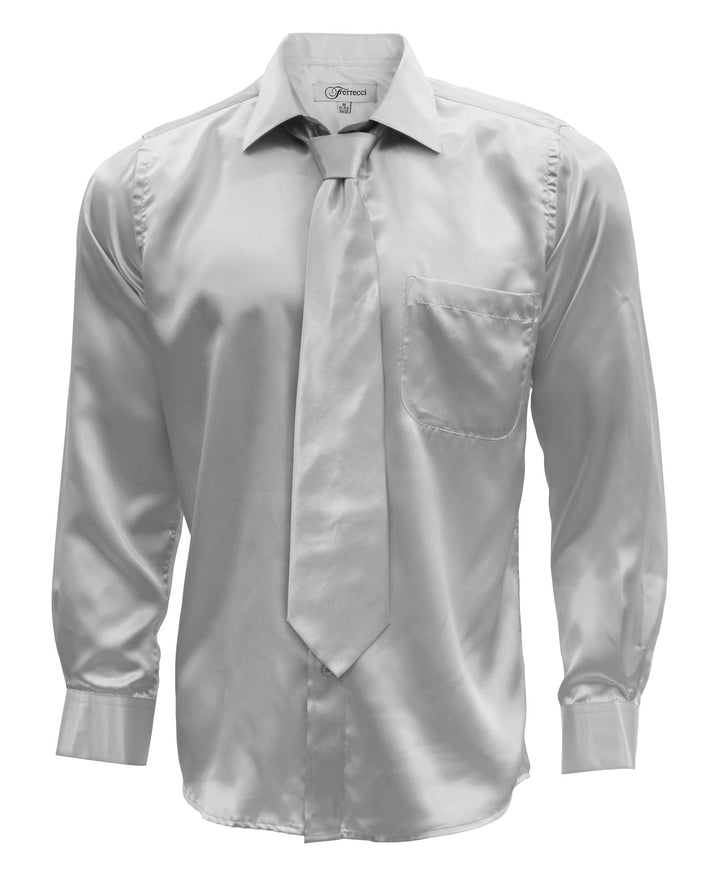 Silver Satin Regular Fit French Cuff Dress Shirt, Tie &amp; Hanky Set - FHYINC best men&
