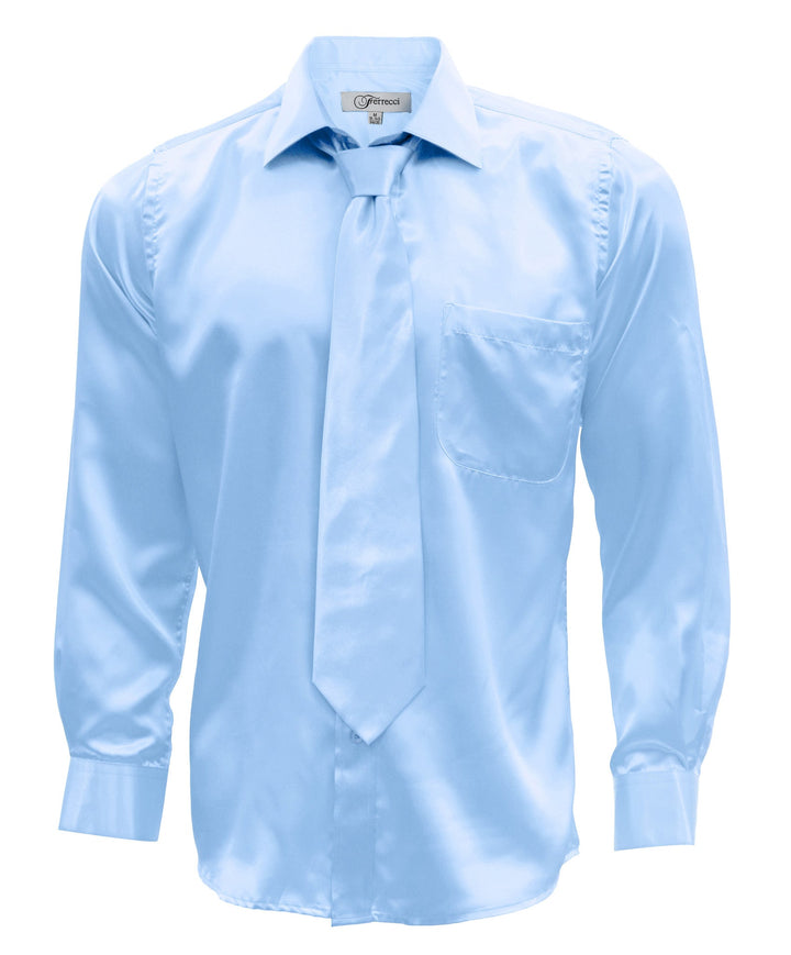 Sky Blue Satin Regular Fit French Cuff Dress Shirt, Tie &amp; Hanky Set - FHYINC best men&