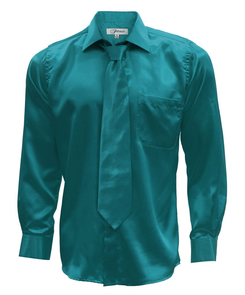 Teal Satin Regular Fit Dress Shirt, Tie & Hanky Set Teal Satin Regular Fit Dress Shirt, Tie & Hanky Set