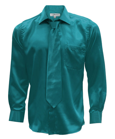 Teal Satin Regular Fit Dress Shirt, Tie & Hanky Set - FHYINC best men's suits, tuxedos, formal men's wear wholesale