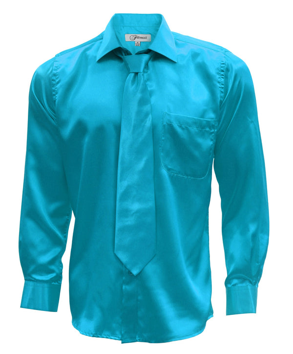 Turquoise Satin Regular Fit Dress Shirt, Tie & Hanky Set