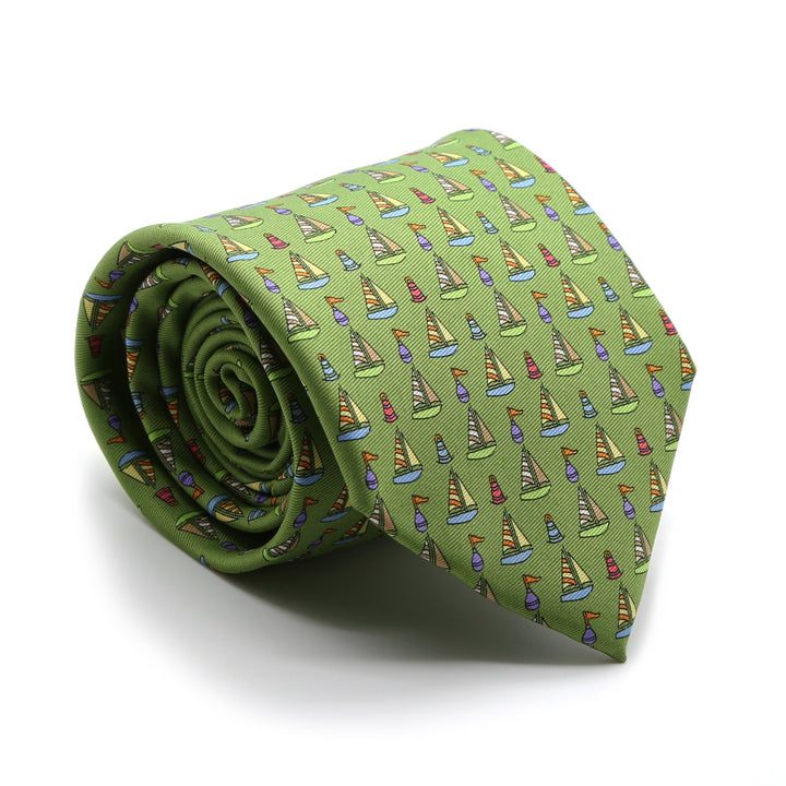Sailboat Green Necktie with Handkerchief Set - FHYINC best men&