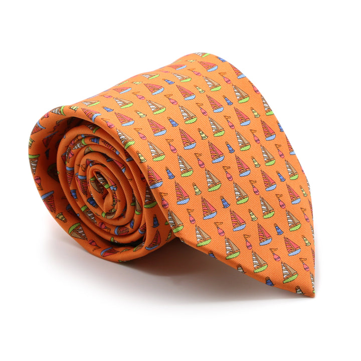 Sailboat Orange Necktie with Handkerchief Set - FHYINC best men&