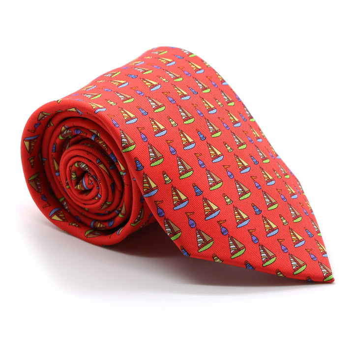 Sailboat Red Necktie with Handkerchief Set - FHYINC best men&