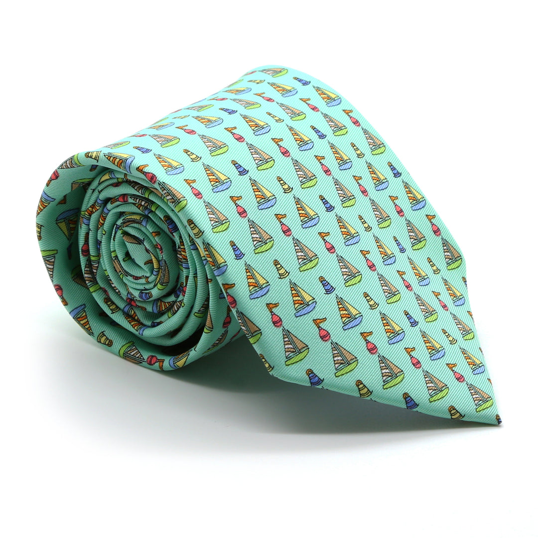 Sailboat Turquoise Necktie with Handkerchief Set - FHYINC best men's suits, tuxedos, formal men's wear wholesale