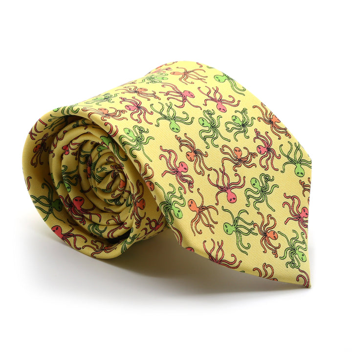 Octopus Yellow Necktie with Handkerchief Set - FHYINC best men&