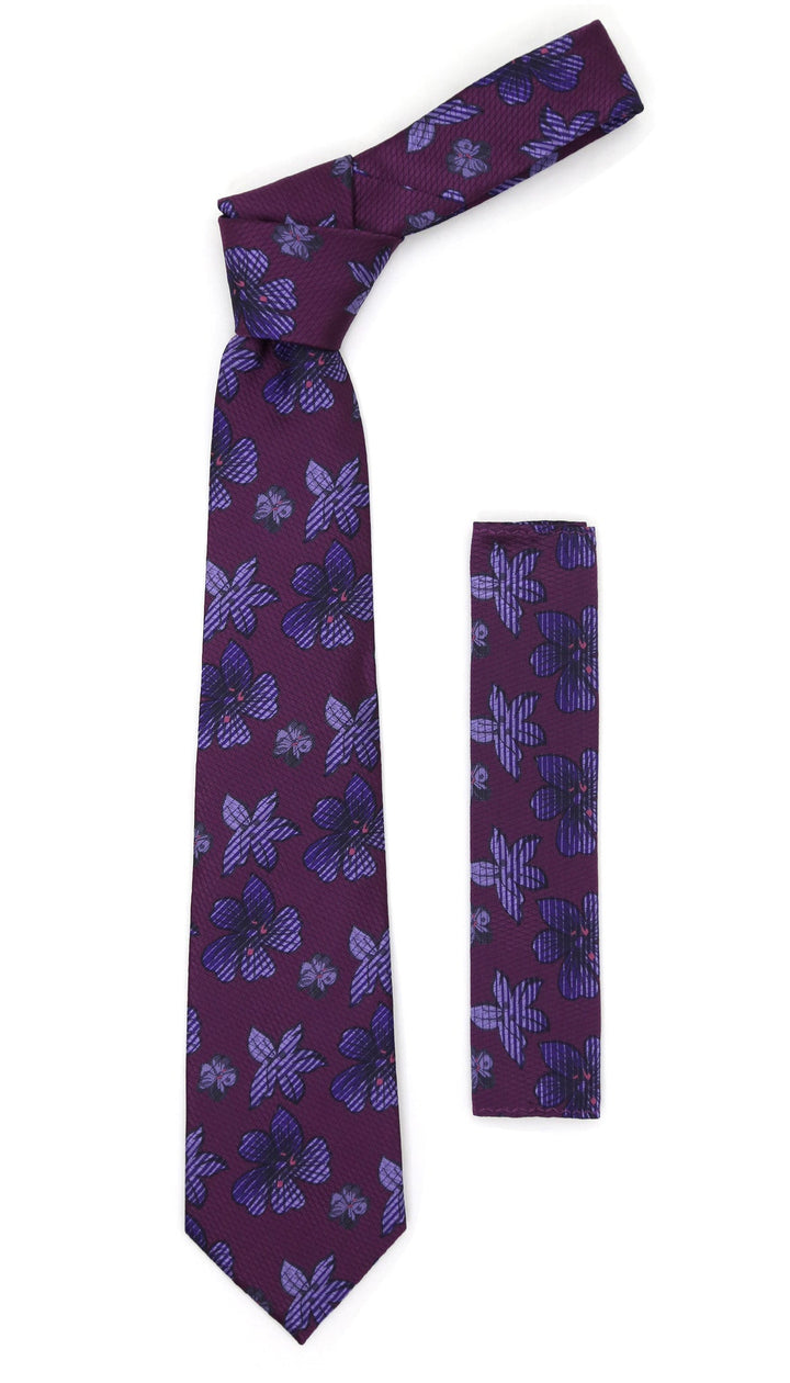 Wine Purple Floral Necktie with Handkerchief Set - FHYINC best men&