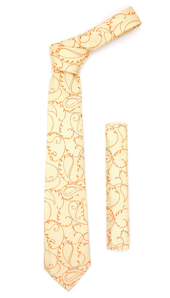 Gold Orange Floral Design Necktie with Handkerchief Set - FHYINC best men&