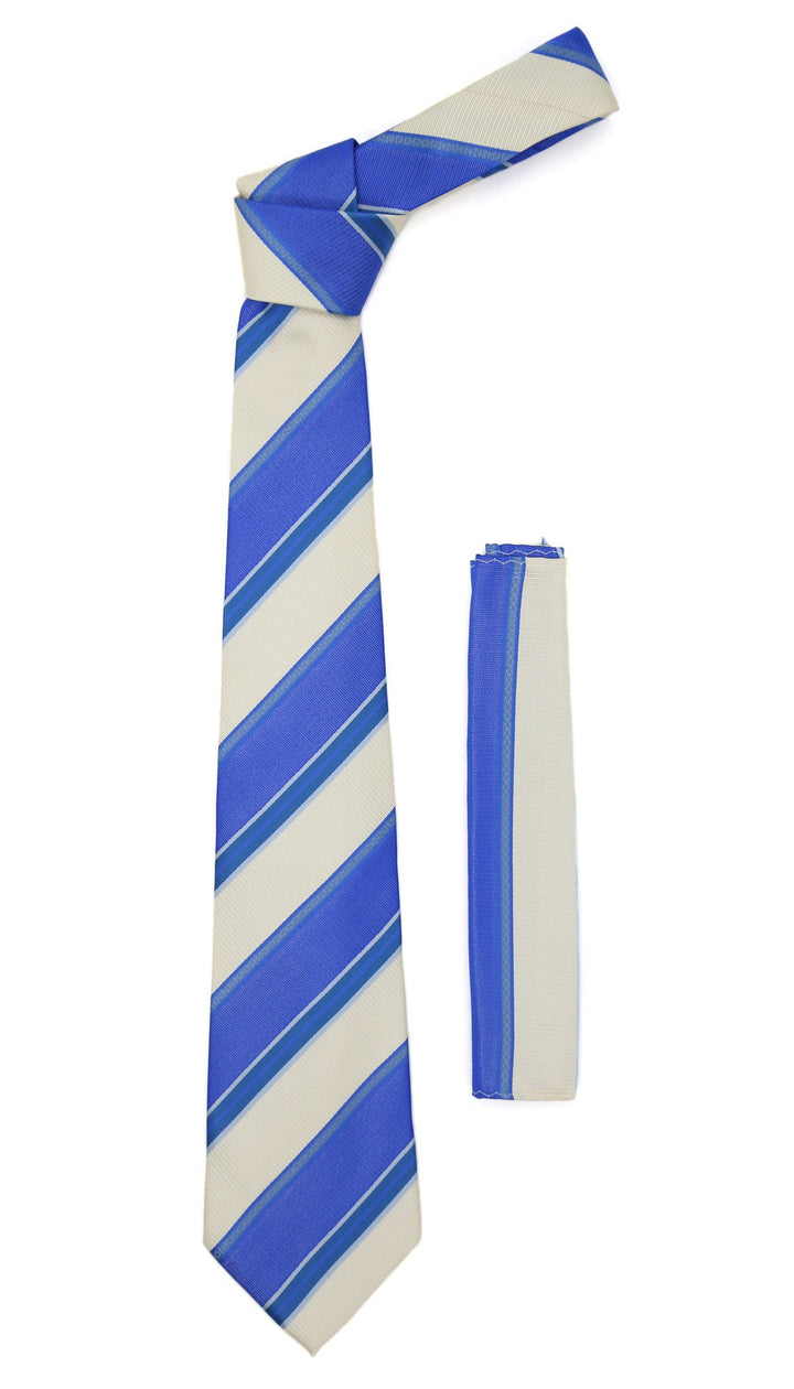 Microfiber Blue Beige Striped Tie and Hankie Set - FHYINC best men&