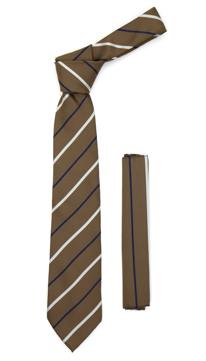Microfiber Brown Baby Blue Striped Tie and Hankie Set - FHYINC best men&