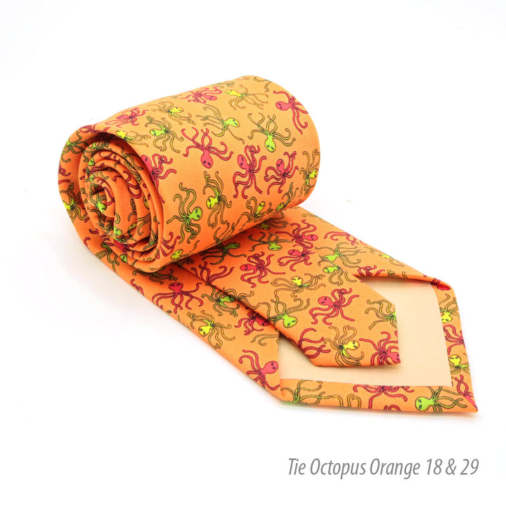 Octopus Orange Necktie with Handkerchief Set - FHYINC best men&
